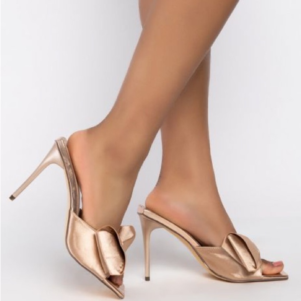 Azalea Wang Golden Beige Satin Bow Stiletto High Heel Mule Sandals - Picture 3 of 5